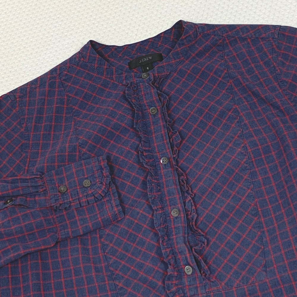 J.Crew Ruffle Front Blouse Womens Sz 6 Navy Blue Red Grid Cotton Shirt